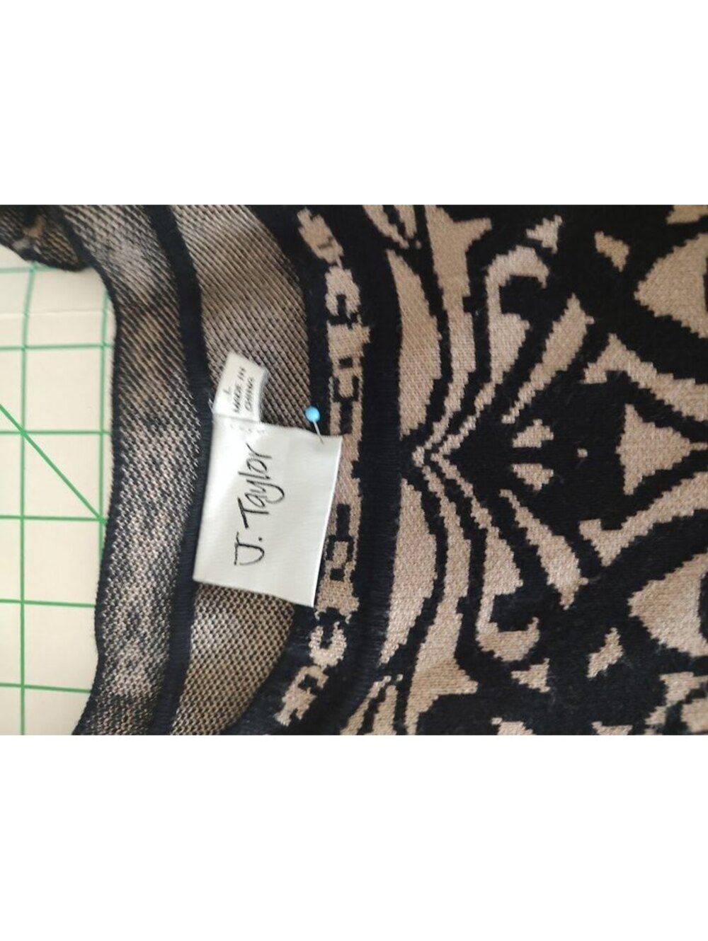 J. Taylor Beige and Black Patterned Knit Dress with 3/4 Sleeves - Picture 4 of 8